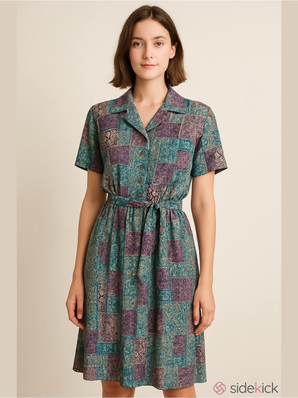 Vintage Leslie Fay Women’s Midi Belted Dress Size 16 Retro Geo 90s